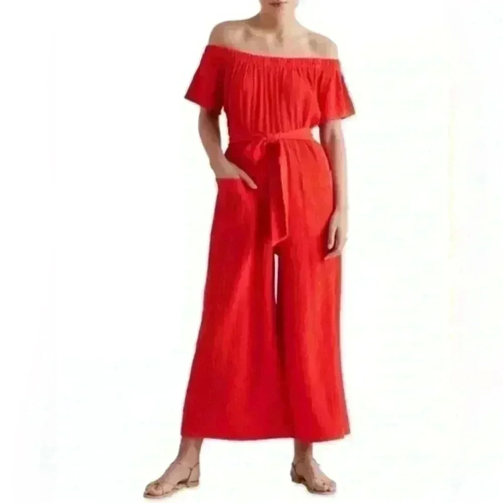 Seed Heritage Red Off Shoulder Wide Leg Waffle Romper S NWT